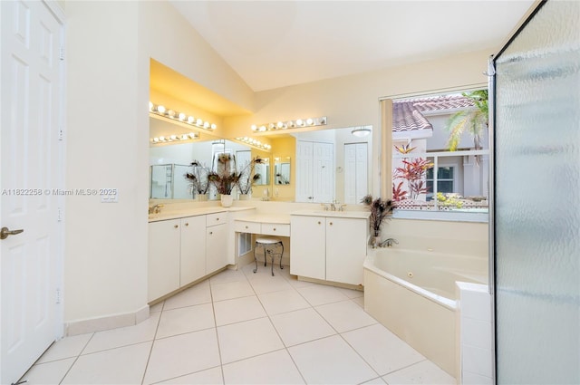 1001 SW 189th Ave, Pembroke Pines, FL 33029 - full bath featuring a tub with jets, double vanity, tile patterned floors, and a shower stall
