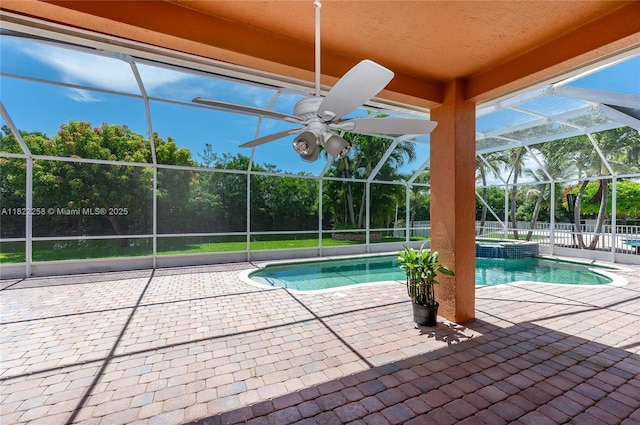 1001 SW 189th Ave, Pembroke Pines, FL 33029 - view of swimming pool featuring a patio, a pool with connected hot tub, a lanai, and ceiling fan