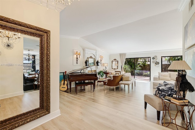 20045 NW 65th Ct, Hialeah, FL 33015 - living area featuring a chandelier, light wood finished floors, and vaulted ceiling
