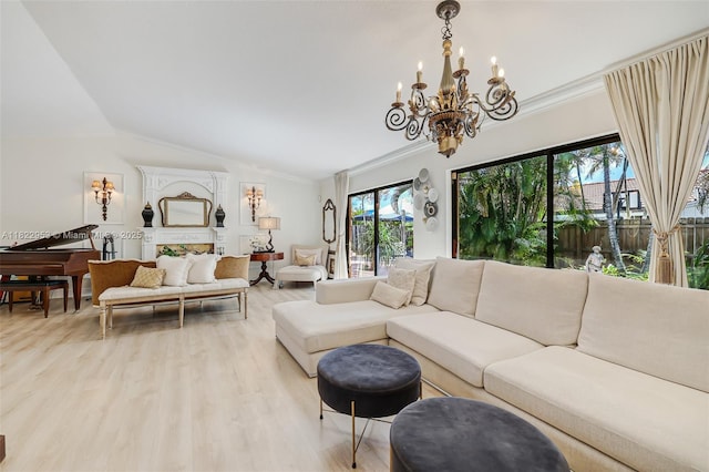 20045 NW 65th Ct, Hialeah, FL 33015 - living area with a chandelier, vaulted ceiling, ornamental molding, and light wood-style floors