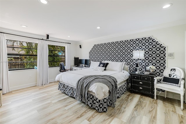 20045 NW 65th Ct, Hialeah, FL 33015 - bedroom with an accent wall, ornamental molding, light wood-type flooring, and recessed lighting