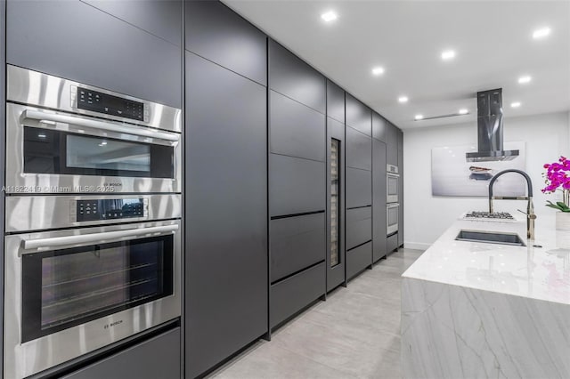1331 97th St, Bay Harbor Islands, FL 33154 - kitchen featuring double oven, modern cabinets, light stone counters, ventilation hood, and recessed lighting