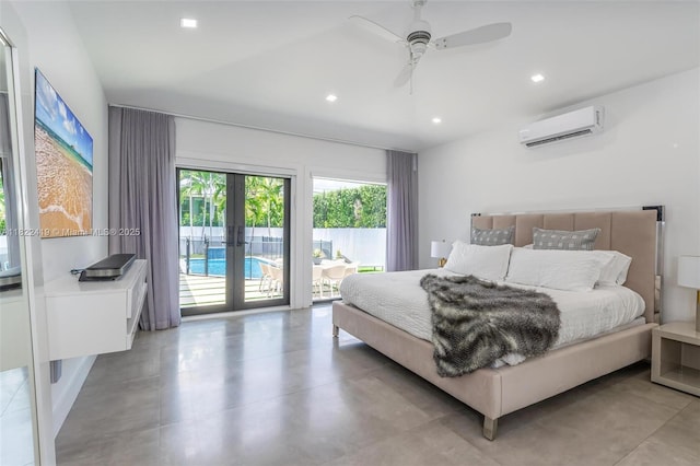 1331 97th St, Bay Harbor Islands, FL 33154 - bedroom featuring a wall mounted air conditioner, access to outside, french doors, recessed lighting, and a ceiling fan