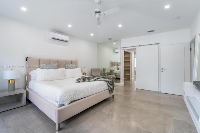 1331 97th St, Bay Harbor Islands, FL 33154 - bedroom featuring a wall unit AC, concrete flooring, recessed lighting, and a ceiling fan