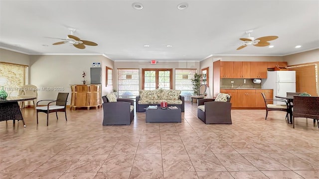 8335 SW 72nd Ave Unit 315D, Miami, FL 33143 - living area featuring a ceiling fan, recessed lighting, and ornamental molding