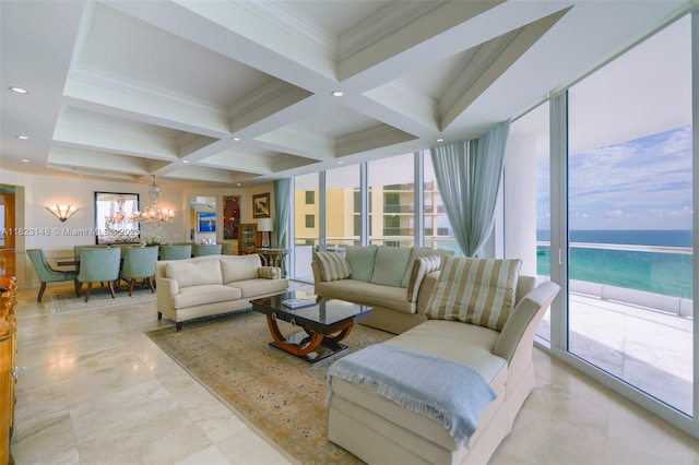 16051 Collins Ave Unit 1104, Sunny Isles Beach, FL 33160 - living area featuring a chandelier, coffered ceiling, beamed ceiling, a water view, and crown molding