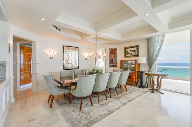 16051 Collins Ave Unit 1104, Sunny Isles Beach, FL 33160 - dining room with coffered ceiling, beamed ceiling, ornamental molding, a chandelier, and a water view