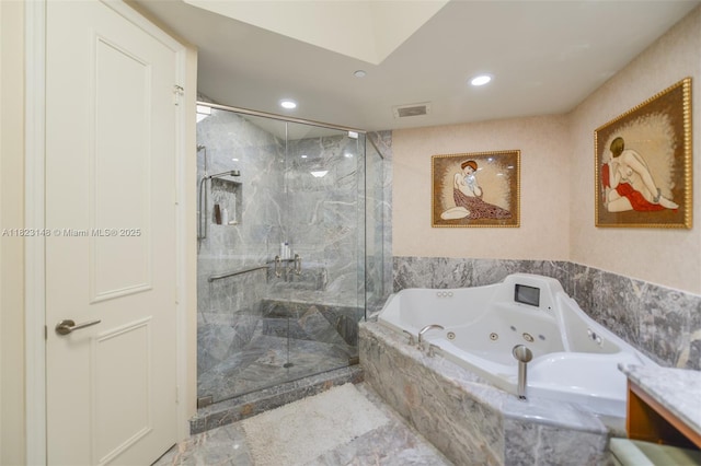16051 Collins Ave Unit 1104, Sunny Isles Beach, FL 33160 - bathroom with a marble finish shower, recessed lighting, a tub with jets, and marble finish flooring