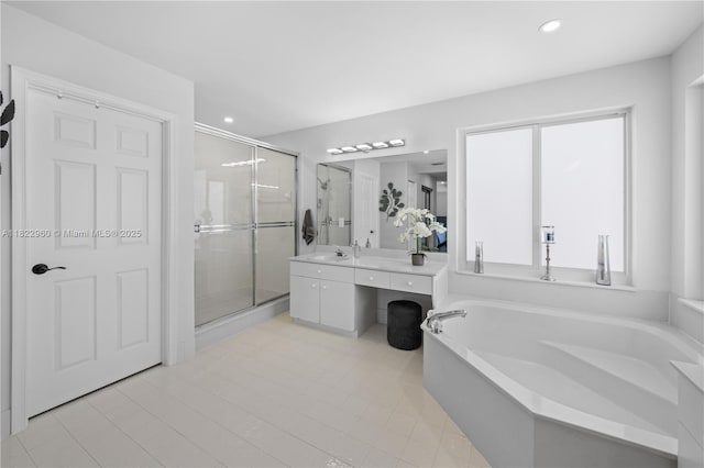 2631 SW 180th Ave, Miramar, FL 33029 - bathroom featuring a bath, a stall shower, vanity, and recessed lighting
