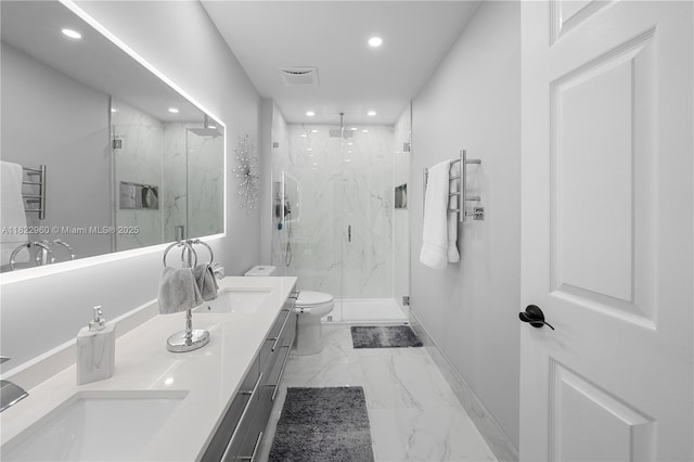 2631 SW 180th Ave, Miramar, FL 33029 - full bath featuring recessed lighting, a marble finish shower, marble look tile flooring, and double vanity