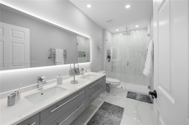 2631 SW 180th Ave, Miramar, FL 33029 - bathroom with a marble finish shower, recessed lighting, double vanity, and marble finish floors