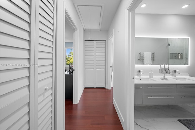2631 SW 180th Ave, Miramar, FL 33029 - bathroom featuring double vanity, a closet, recessed lighting, wood finished floors, and an enclosed shower