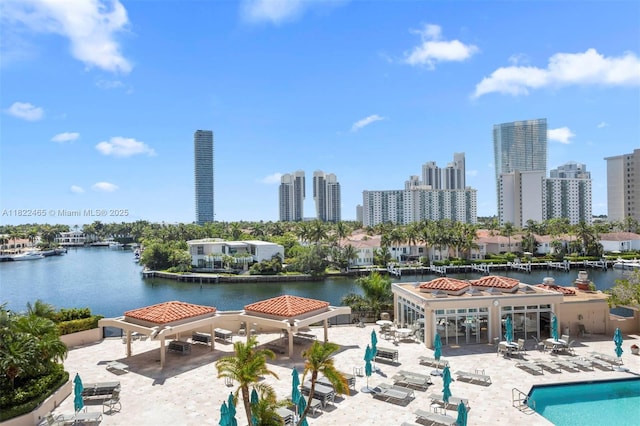 19667 Turnberry Way Unit 6-A, Aventura, FL 33180 - community pool with a gazebo, a water view, a patio, and a view of skyline