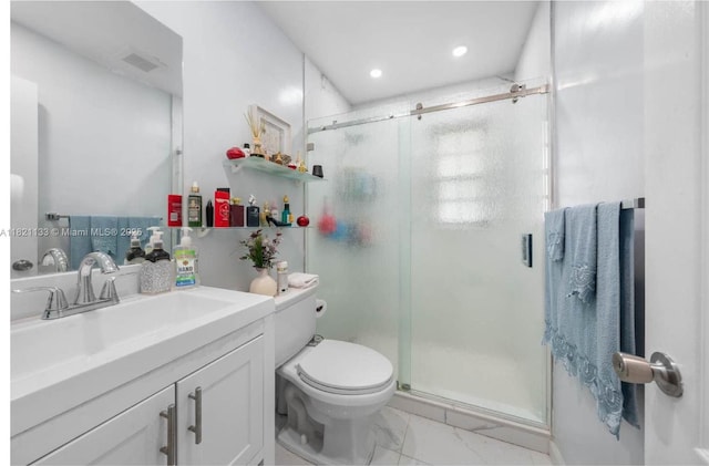 611 E 48th St, Hialeah, FL 33013 - full bath with vanity, marble look tiles, a stall shower, and recessed lighting