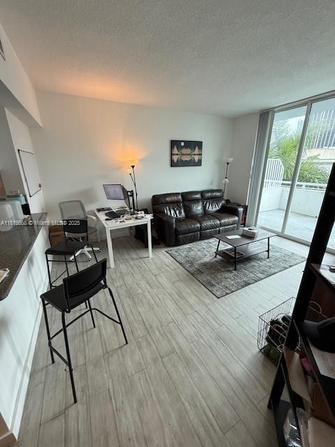 275 NE 18th St Unit 402, Miami, FL 33132 - living room with wood finished floors, a textured ceiling, and expansive windows