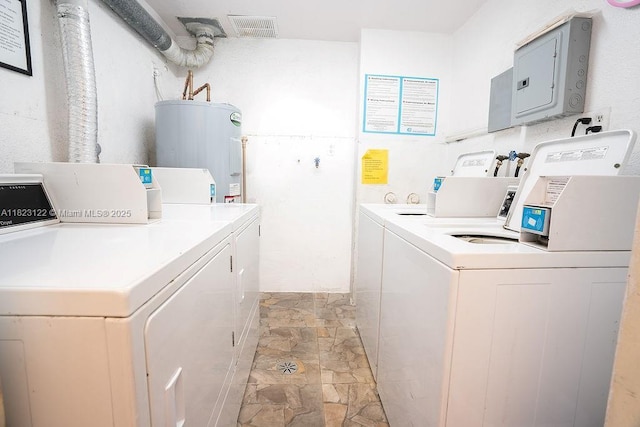 215 SE 3rd Ave Unit 405C, Hallandale Beach, FL 33009 - community laundry with washer and clothes dryer, water heater, electric panel, and light stone finish floors