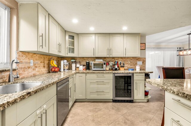 6797 SW 40th St Unit 71, Davie, FL 33314 - kitchen with beverage cooler, dishwasher, backsplash, ornamental molding, and light tile patterned floors