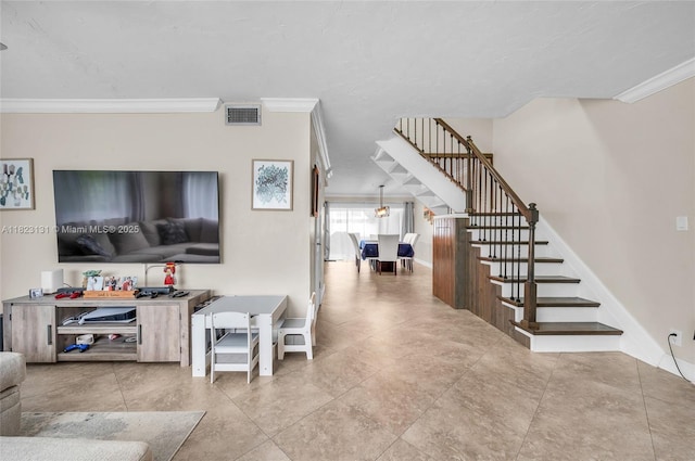 6797 SW 40th St Unit 71, Davie, FL 33314 - living area featuring stairway, crown molding, and tile patterned floors