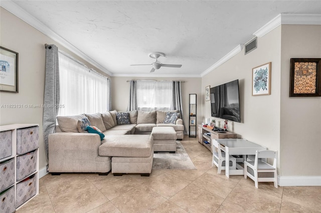 6797 SW 40th St Unit 71, Davie, FL 33314 - living area featuring ornamental molding, ceiling fan, and light tile patterned flooring