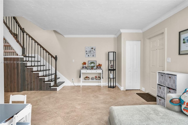 6797 SW 40th St Unit 71, Davie, FL 33314 - tiled living room featuring stairway and ornamental molding