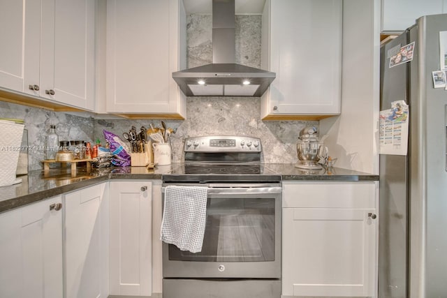 9104 SW 180th St, Palmetto Bay, FL 33157 - kitchen with stainless steel appliances, wall chimney exhaust hood, backsplash, and white cabinetry