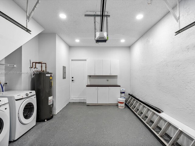 457 NW 87th Ln, Coral Springs, FL 33071 - laundry room with water heater, washing machine and dryer, a textured wall, recessed lighting, and a textured ceiling