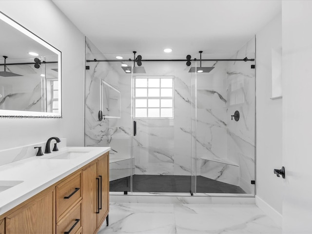 457 NW 87th Ln, Coral Springs, FL 33071 - full bathroom with a marble finish shower, double vanity, marble finish floors, and recessed lighting