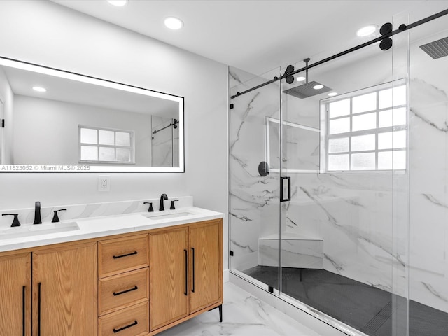 457 NW 87th Ln, Coral Springs, FL 33071 - full bathroom with a marble finish shower, marble finish flooring, plenty of natural light, double vanity, and recessed lighting