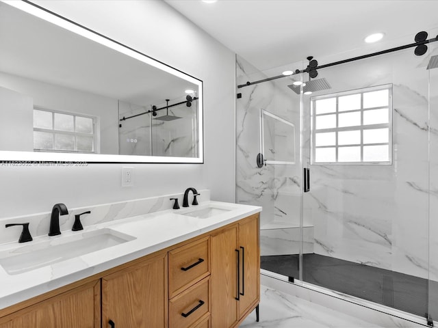 457 NW 87th Ln, Coral Springs, FL 33071 - bathroom featuring marble look tile flooring, a marble finish shower, healthy amount of natural light, and recessed lighting