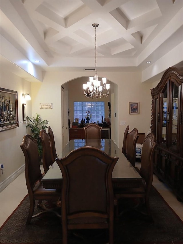 13190 NW 6th St, Miami, FL 33182 - dining room with a chandelier, coffered ceiling, arched walkways, and beam ceiling
