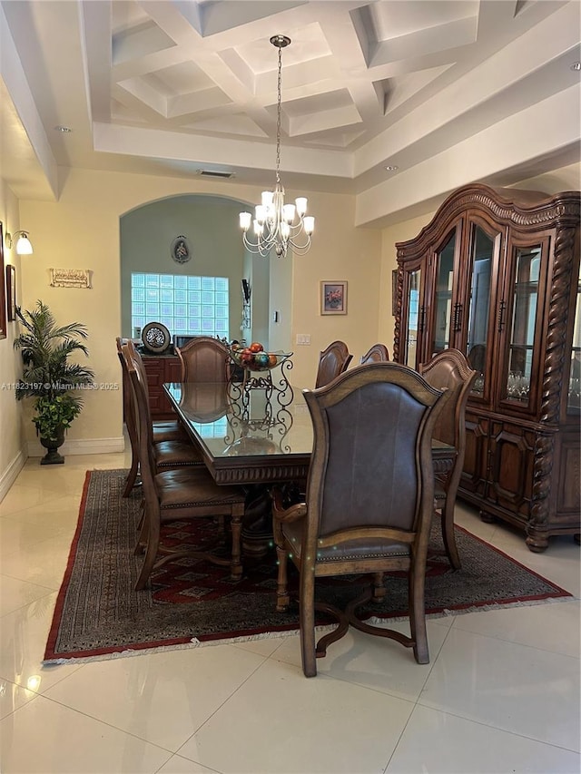 13190 NW 6th St, Miami, FL 33182 - dining space with a chandelier, coffered ceiling, tile patterned flooring, and beam ceiling