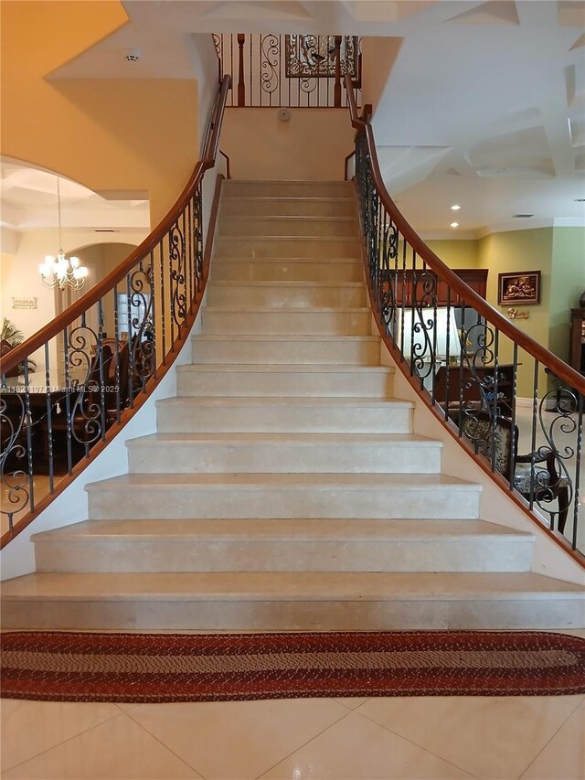 13190 NW 6th St, Miami, FL 33182 - stairs with a high ceiling, a chandelier, and recessed lighting