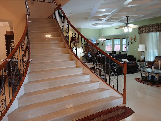 13190 NW 6th St, Miami, FL 33182 - staircase with coffered ceiling, a ceiling fan, tile patterned floors, recessed lighting, and beamed ceiling