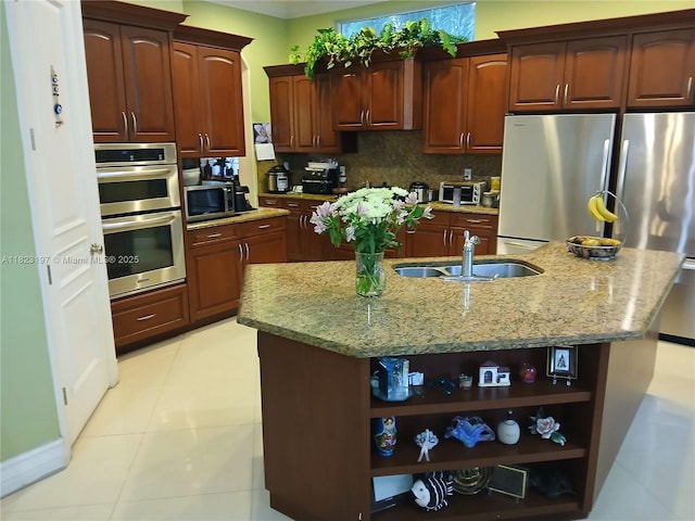 13190 NW 6th St, Miami, FL 33182 - kitchen featuring open shelves, appliances with stainless steel finishes, light tile patterned floors, and light stone counters