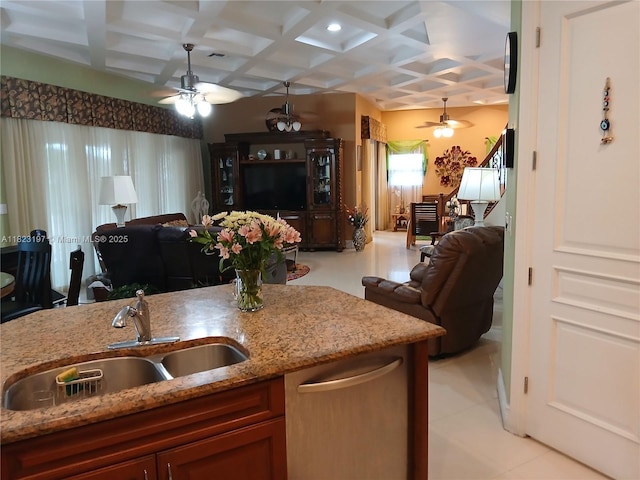 13190 NW 6th St, Miami, FL 33182 - kitchen with a ceiling fan, open floor plan, coffered ceiling, dishwasher, and light stone counters