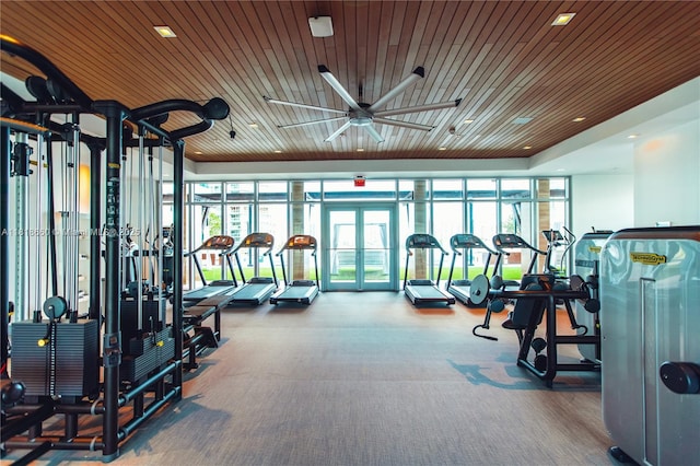 300 Sunny Isles Blvd Unit 4-2303, Sunny Isles Beach, FL 33160 - gym with wood ceiling, french doors, carpet flooring, and recessed lighting