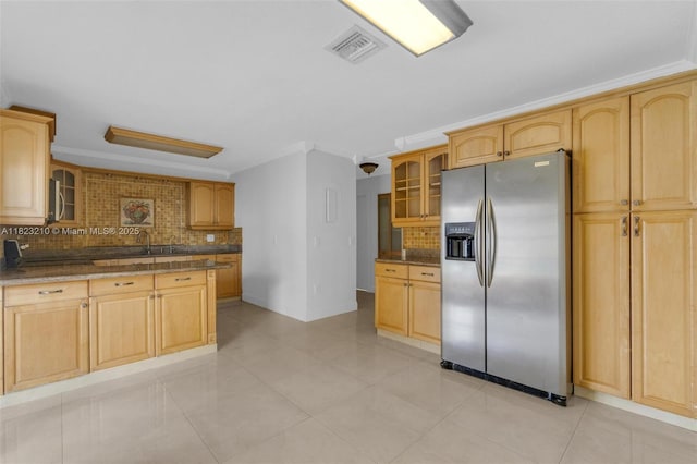 12440 SW 207th Ter, Miami, FL 33177 - kitchen featuring stainless steel appliances, backsplash, glass insert cabinets, and ornamental molding