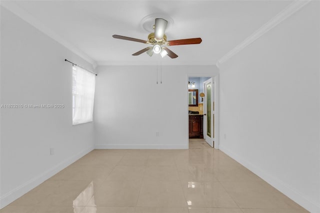 12440 SW 207th Ter, Miami, FL 33177 - spare room with a ceiling fan, ornamental molding, and light tile patterned flooring