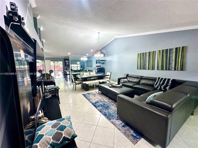 2433 NW 92nd Ave, Coral Springs, FL 33065 - tiled living room with crown molding, lofted ceiling, and a textured ceiling