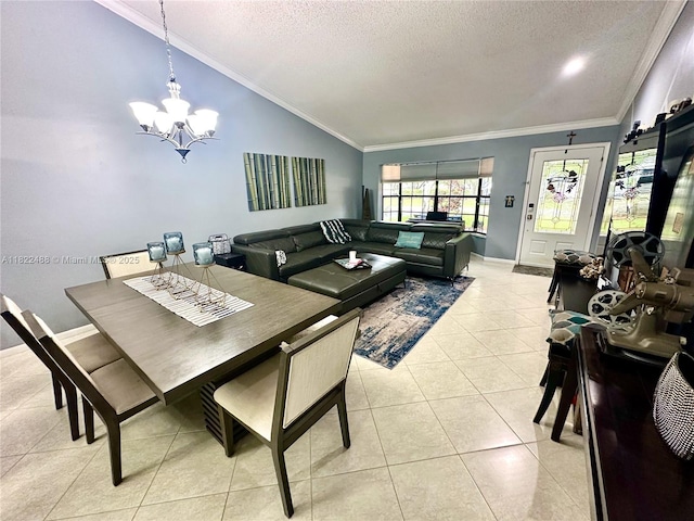 2433 NW 92nd Ave, Coral Springs, FL 33065 - dining space featuring a chandelier, a textured ceiling, crown molding, lofted ceiling, and light tile patterned floors