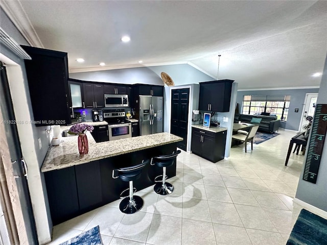 2433 NW 92nd Ave, Coral Springs, FL 33065 - kitchen with appliances with stainless steel finishes, crown molding, dark cabinets, vaulted ceiling, and a peninsula