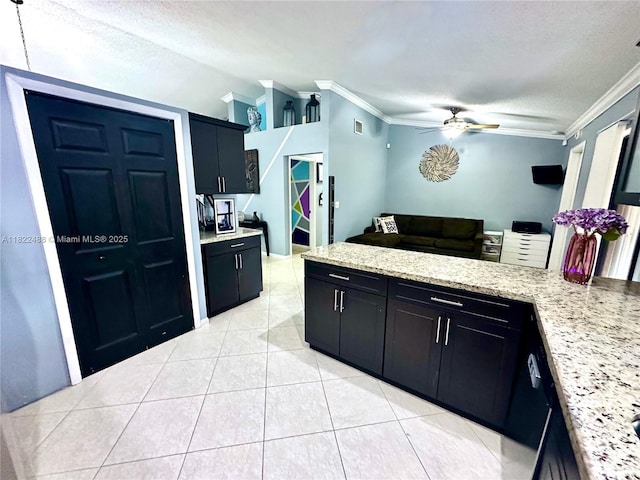 2433 NW 92nd Ave, Coral Springs, FL 33065 - kitchen featuring lofted ceiling, dark cabinetry, ceiling fan, ornamental molding, and a textured ceiling