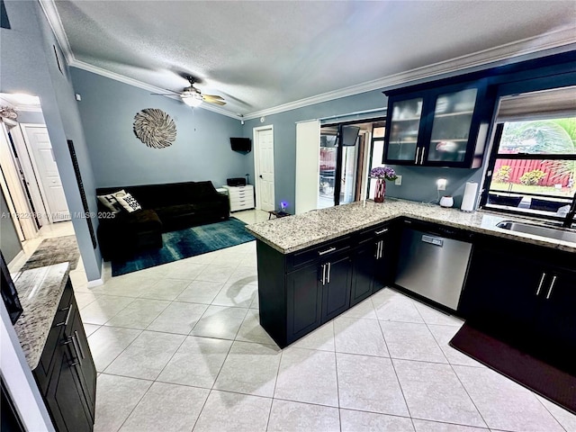 2433 NW 92nd Ave, Coral Springs, FL 33065 - kitchen featuring dishwasher, dark cabinets, ornamental molding, a peninsula, and a ceiling fan