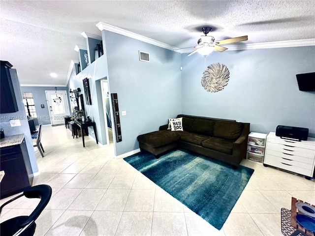 2433 NW 92nd Ave, Coral Springs, FL 33065 - living room with a textured ceiling, ornamental molding, light tile patterned flooring, ceiling fan, and lofted ceiling
