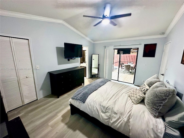 2433 NW 92nd Ave, Coral Springs, FL 33065 - bedroom with access to outside, light wood-style floors, ornamental molding, vaulted ceiling, and ceiling fan