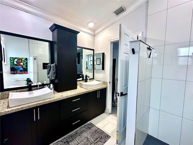 2433 NW 92nd Ave, Coral Springs, FL 33065 - bathroom with double vanity, ornamental molding, tiled shower, and tile patterned flooring