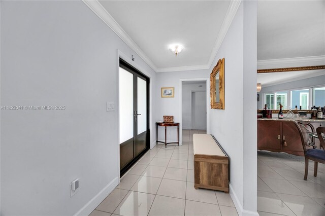 8861 SW 85th St, Miami, FL 33173 - corridor featuring crown molding, french doors, and light tile patterned flooring