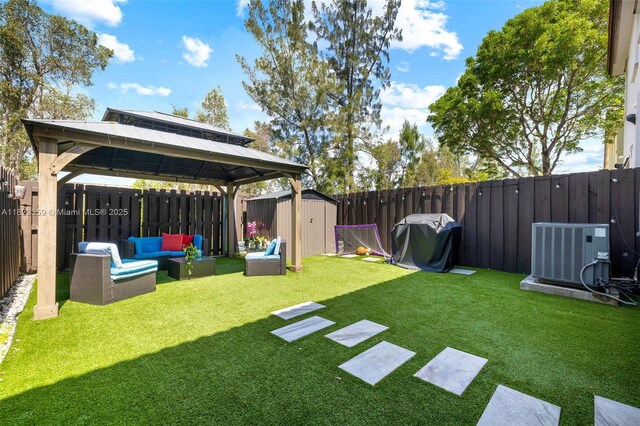 8780 NW 116th Path, Doral, FL 33178 - fenced backyard featuring a shed, a gazebo, and outdoor lounge area