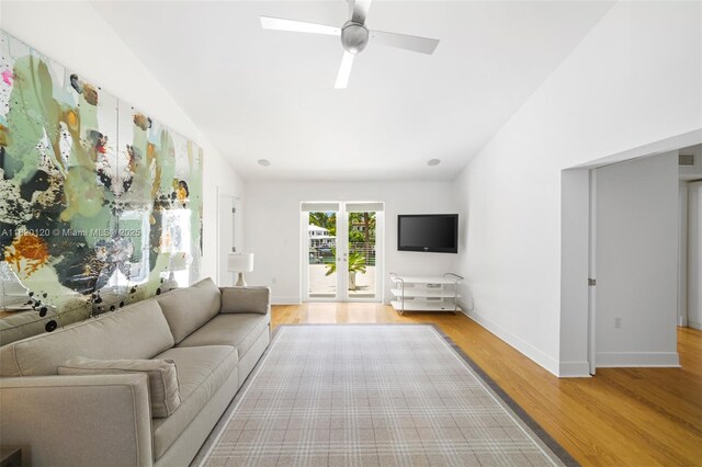 1839 W 24th St, Miami Beach, FL 33140 - living room featuring wood finished floors, a ceiling fan, and lofted ceiling