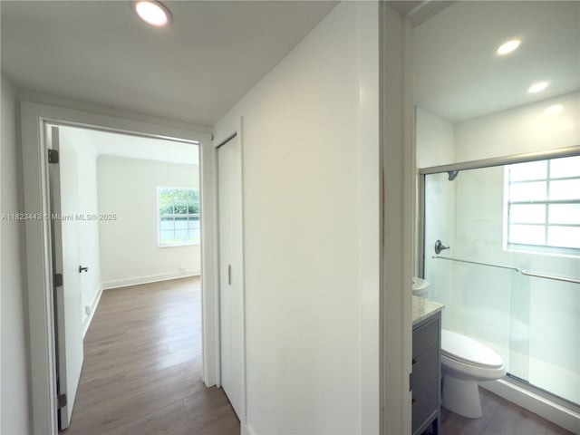 8390 SW 94th St, Miami, FL 33156 - bathroom featuring a shower stall, vanity, recessed lighting, and wood finished floors